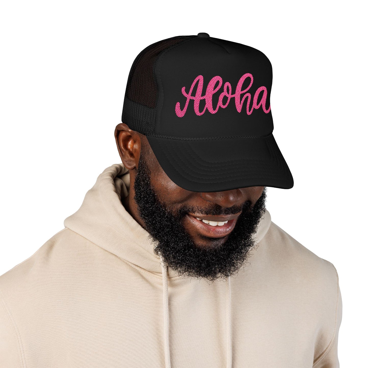 Embroidered Aloha Foam Trucker Hat | Casual Summer Headwear, Beach Style, Gift for Surfers, Outdoor Adventures, Festival Accessory