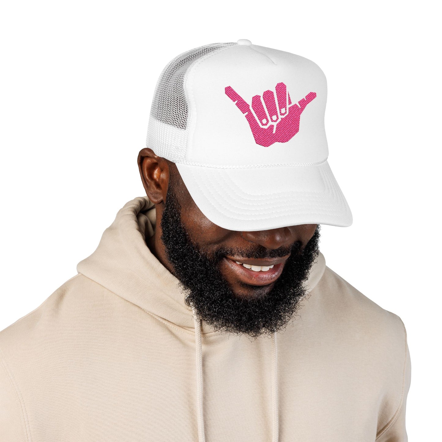 Trendy Foam Trucker Hat with Pink Shaka Sign