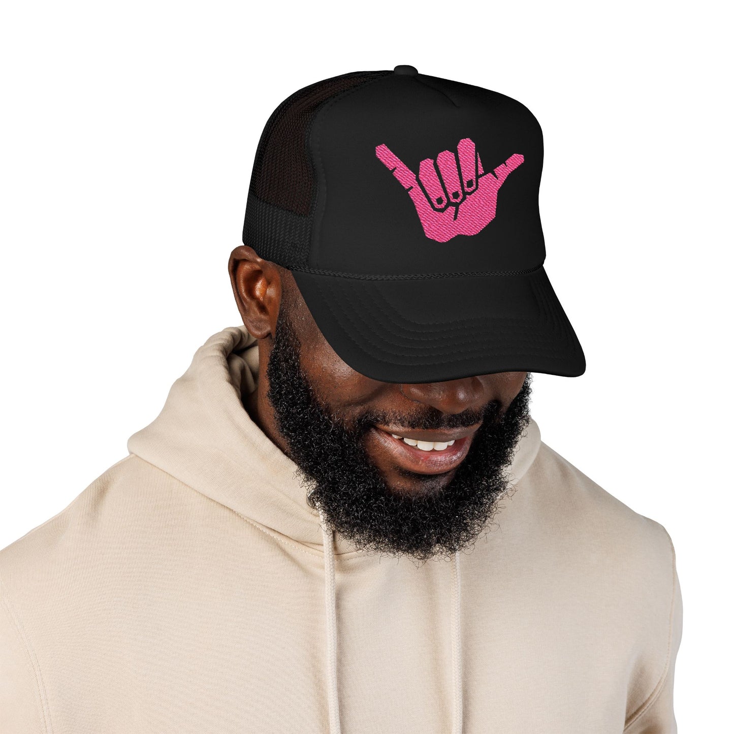 Embroidered Pink Shaka Foam Trucker Hat | Casual Summer Headwear, Beach Style, Gift for Surfers, Outdoor Adventures, Festival Accessory
