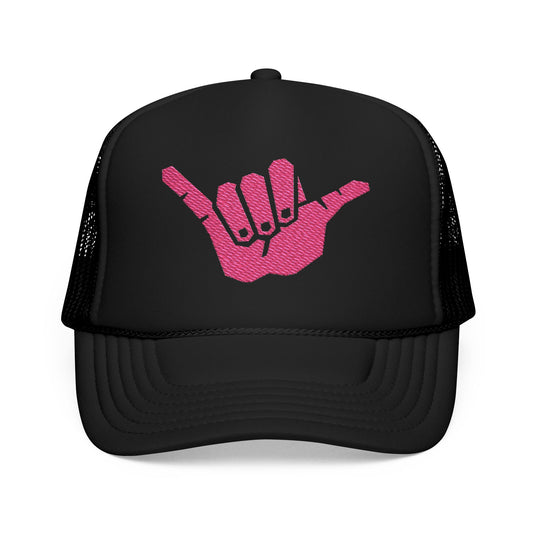 Embroidered Pink Shaka Foam Trucker Hat | Casual Summer Headwear, Beach Style, Gift for Surfers, Outdoor Adventures, Festival Accessory