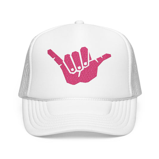 Trendy Foam Trucker Hat with Pink Shaka Sign